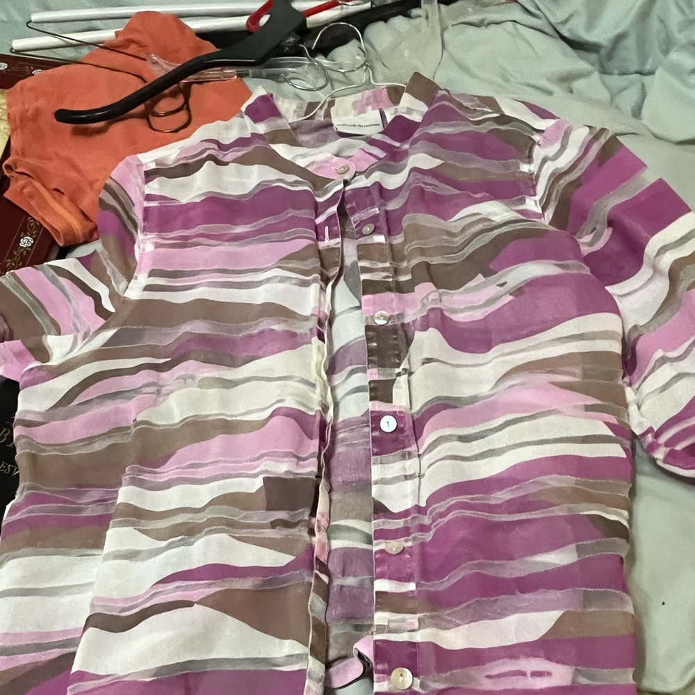 Alfred Dunner Pink, Purple & Brown Striped Button-Front Blouse